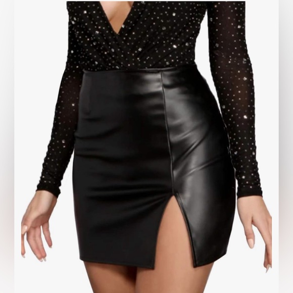 Cantonwalker Women's High Waist High Slit Tassel Bodycon Black Leather Mini - Picture 2 of 7